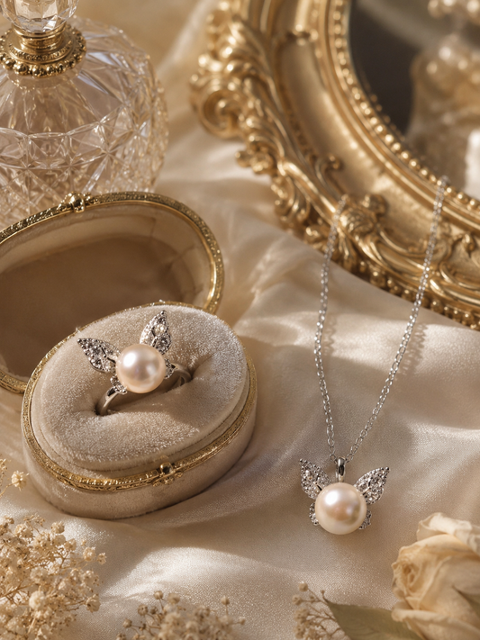 Graceful Butterfly Ring & Pendant Edison Pearl Set