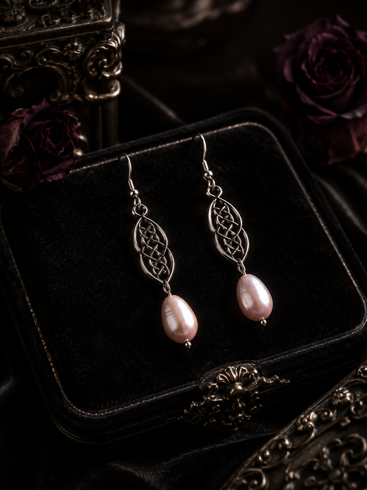 Celtic Knot Pearl Drop Earrings in Gunmetal