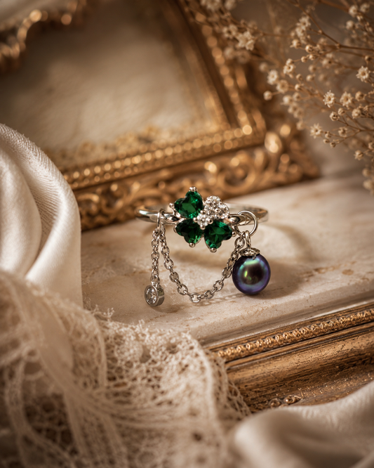 Lucky Clover Pearl Drop Adjustabe Ring