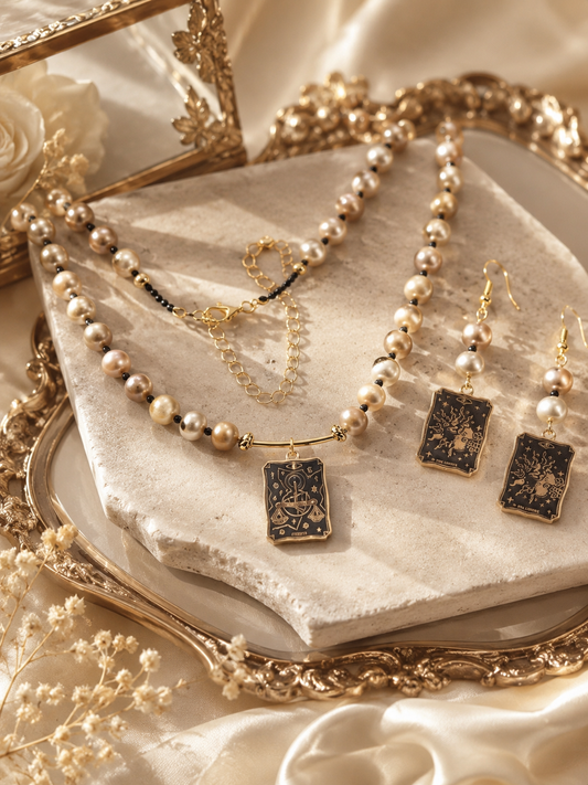 Pearl and Golden Tarot Necklace & Earrings Set