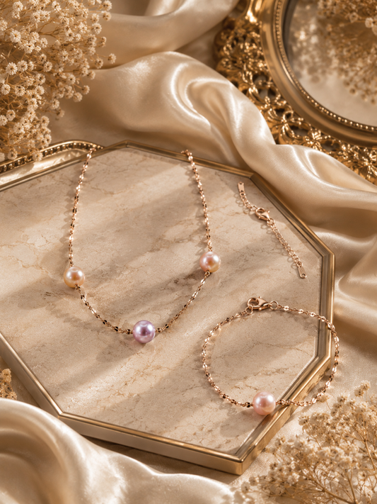 Starry Night Triple Edison Pearl Necklace with Bracelet Set