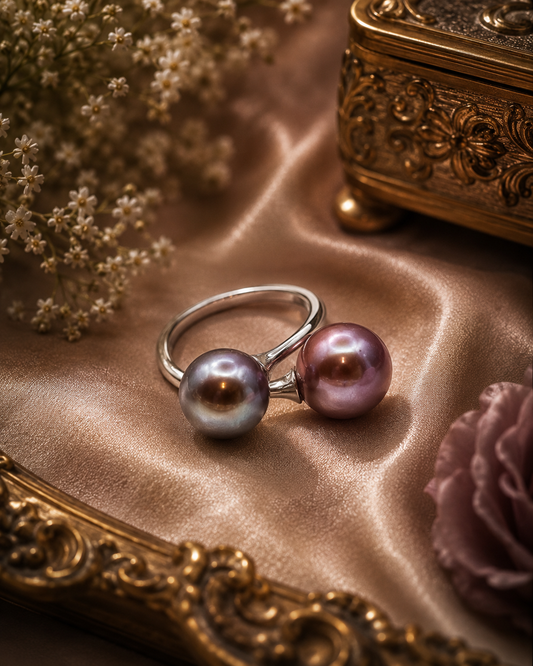 Double Edison Pearl Adjustable Ring - Sterling Silver