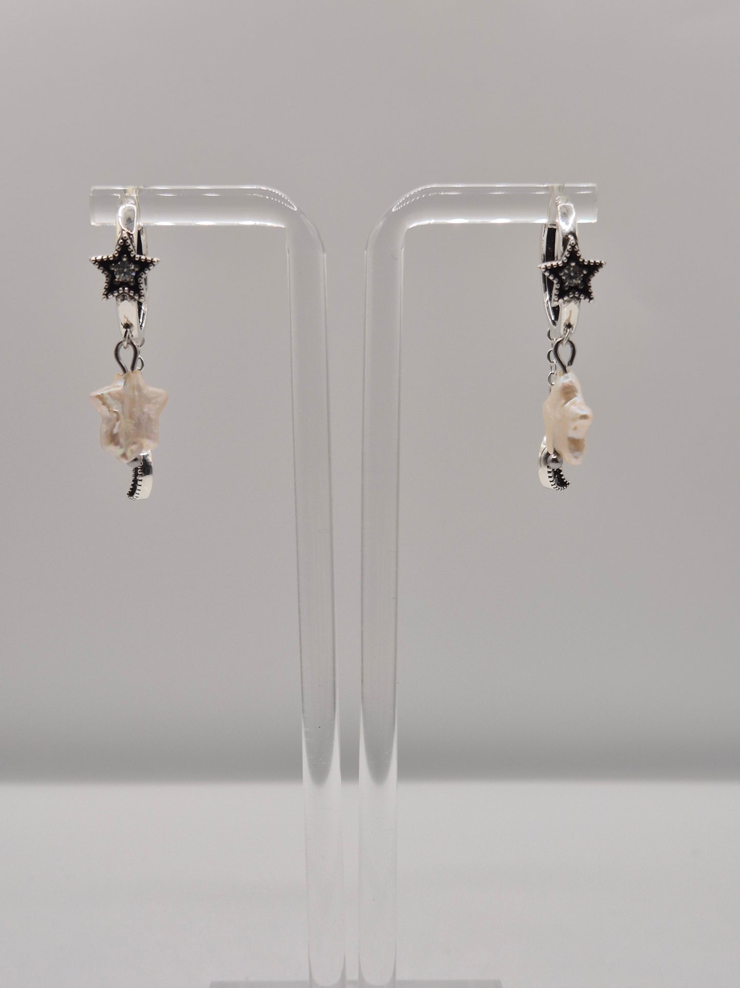 Star & Moon Pearl Hoops — Genuine Star Pearl Sterling Silver