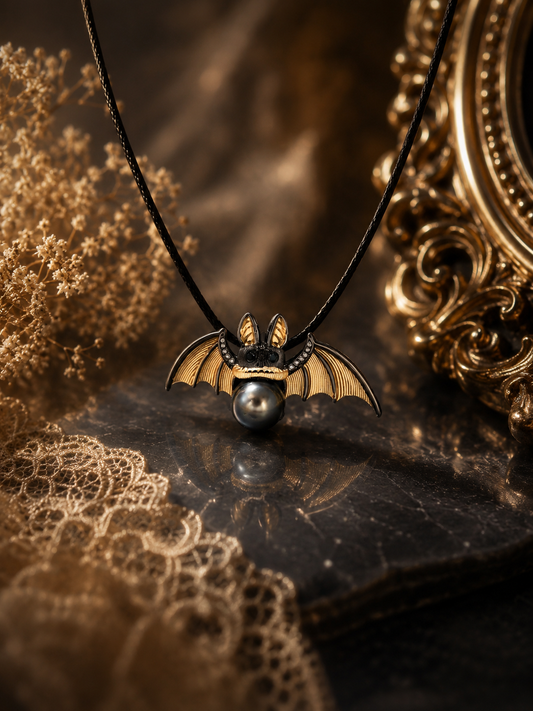 Black Tahitian Golden Bat Pendant & Pin - Sterling Silver