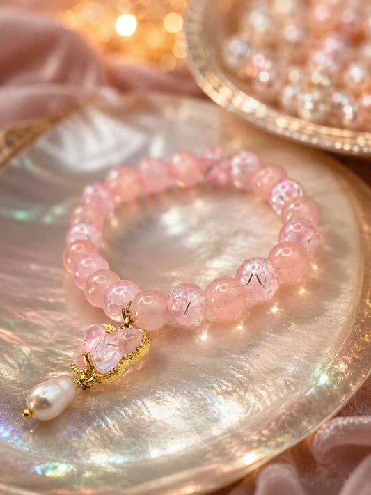Fluttering Butterfly Pink Pearl & Bead Kids Bracelet