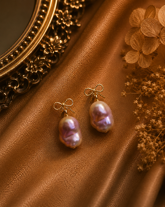 King Pearl Golden Bow Stud Earrings