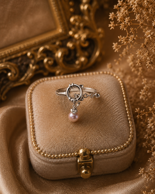 Kitty Chain Mini Pearl Ring with Paw Charm