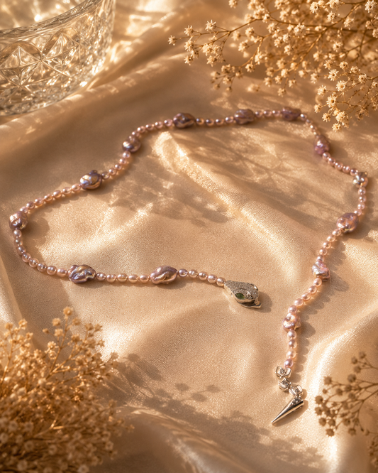 Adjustable Silver Snake Full String Pearl Necklace - Front Fastening