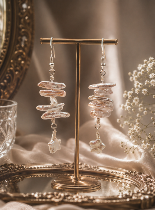 Stick & Star Movable Pearl Drop Earrings