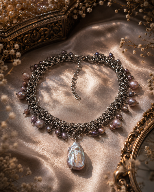 Baroque Moonfall Chainmaille Pearl Choker — Purple Freshwater Pearls