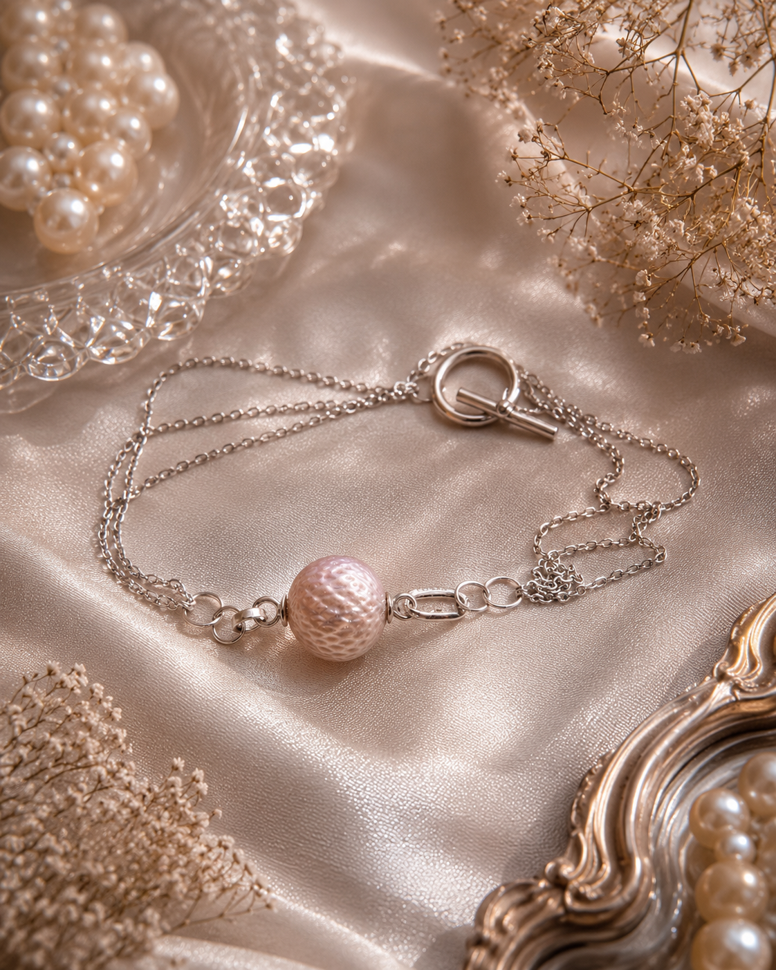 Carved Edison Pearl Multi Strand Sterling Silver Bracelet
