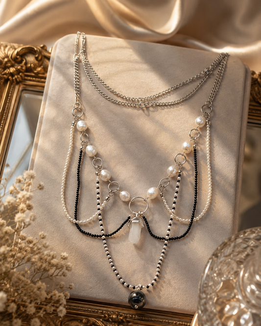 Multiple Strand Pearl & Crystal Bead Necklace with Centre Crystal, Black Tahitian + White Pearls
