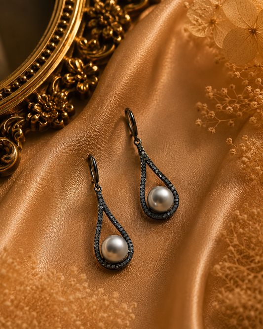 Flawless Black Tahitian Teardrop Dangle Sterling Silver Stud Earrings