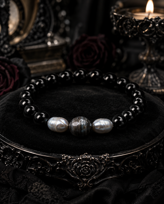 Obsidian and Black Tahitian Bracelet with Silver Pearls