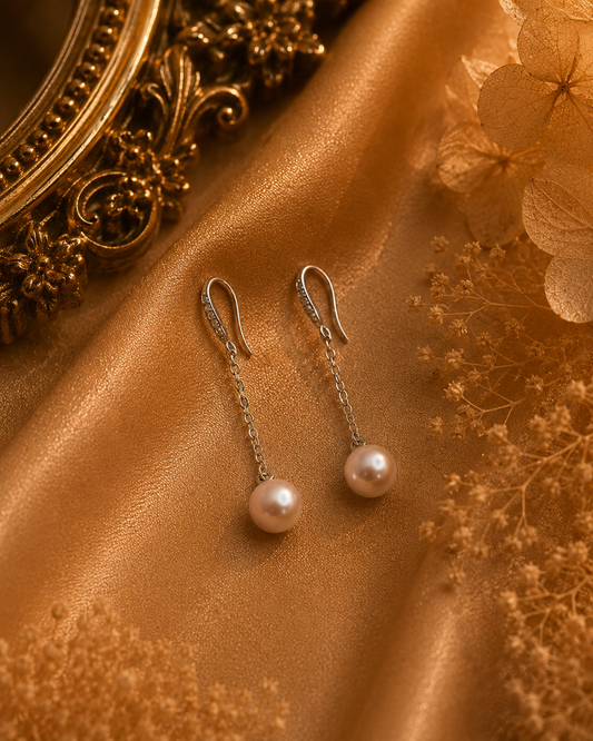 Long Pearl Drop Earrings - Sterling Silver