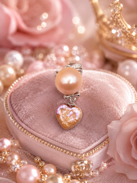 Double Pearl Drop Kitty Pendant With Edison & Heart Shaped Pearls