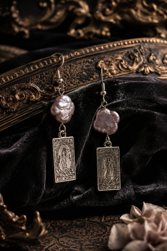 The World Tarot Card Earrings with Clover Pearls