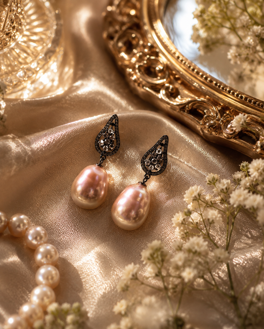 Teardrop Pearl Vintage Style Black Earrings - Sterling Silver