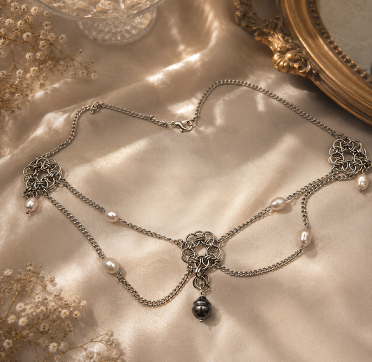 Chainmaille Rosette Multiple Pearl Necklace with Genuine Black Tahitian