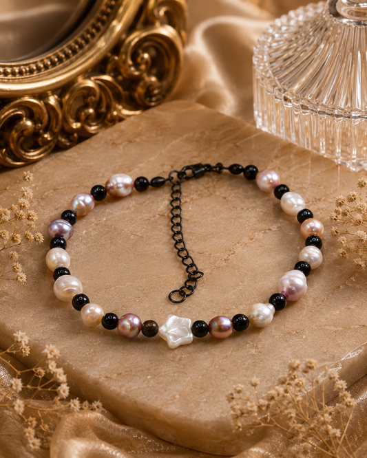 Pearl & Onyx Bead Bracelet With Star Charm
