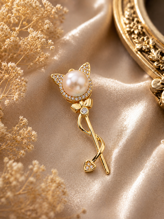 Golden Kitty Pin Pearl Pendant