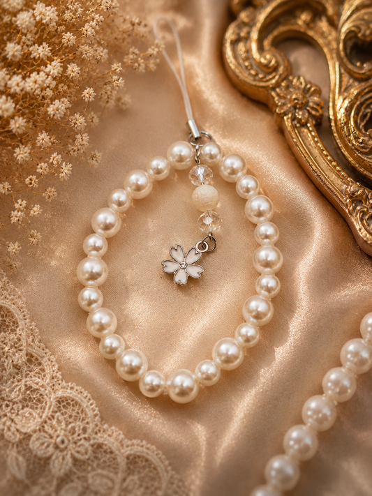 Classic Pearl Bead Phone Charm with Genuine Carved Pearl
