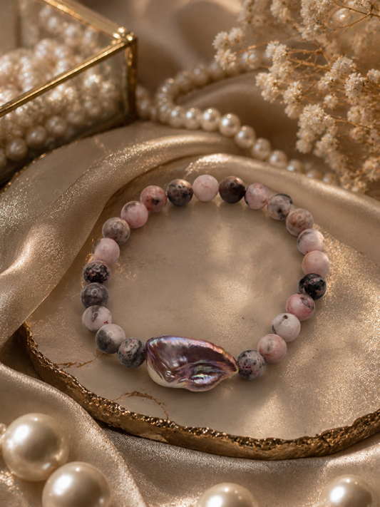 Pink Zebra Jade & King Pearl Strech Bracelet