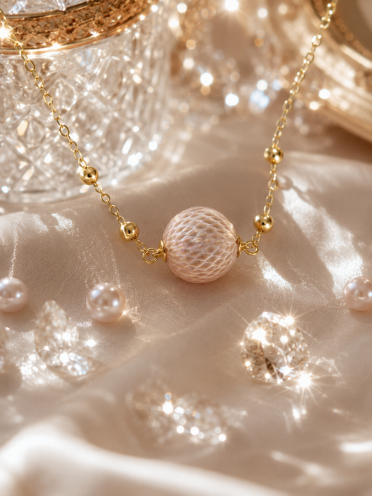Golden Orb Carved Edison Pearl Necklace — Dragon Scale Design