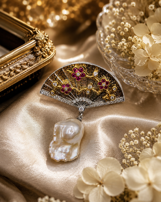 Plum Blossom Pearl Drop Fan Brooch