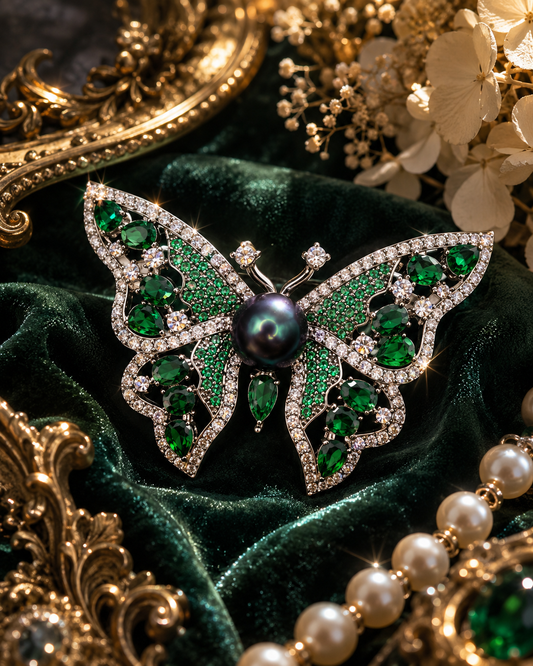 Emerald Prism Butterfly Pearl Brooch