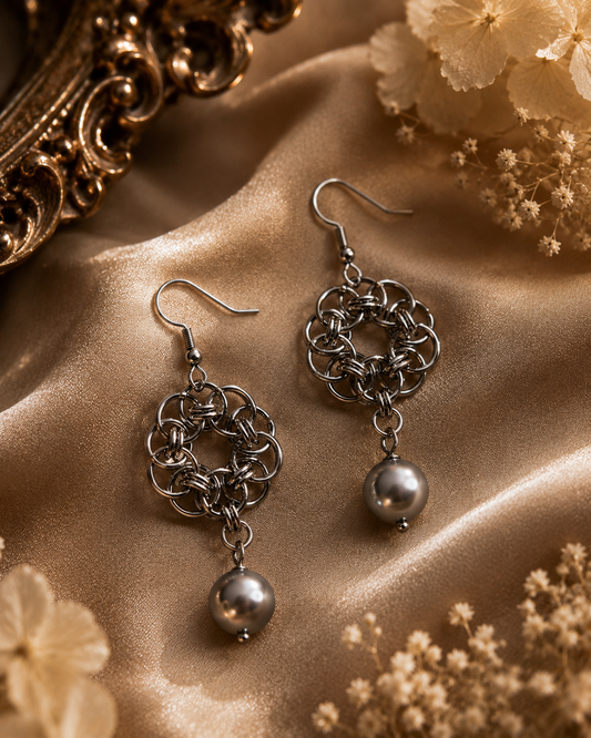 Chainmaille Knot Earrings With Rare Silver Metallic Black Tahitian Pearls