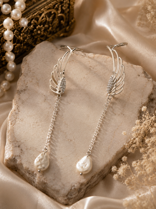Angel Wing Teardrop Pearl Ear Stud & Cuff — No Second Piercing Needed