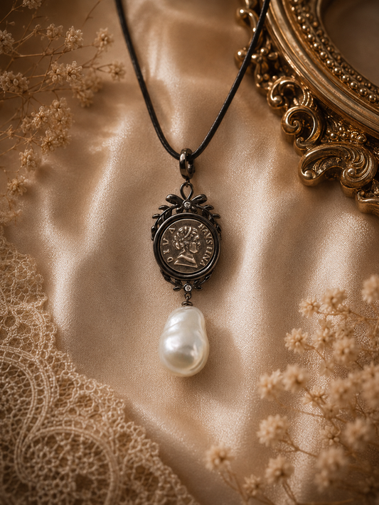 Vintage Coin Pendant with Baroque Australian White Pearl - Sterling Silver
