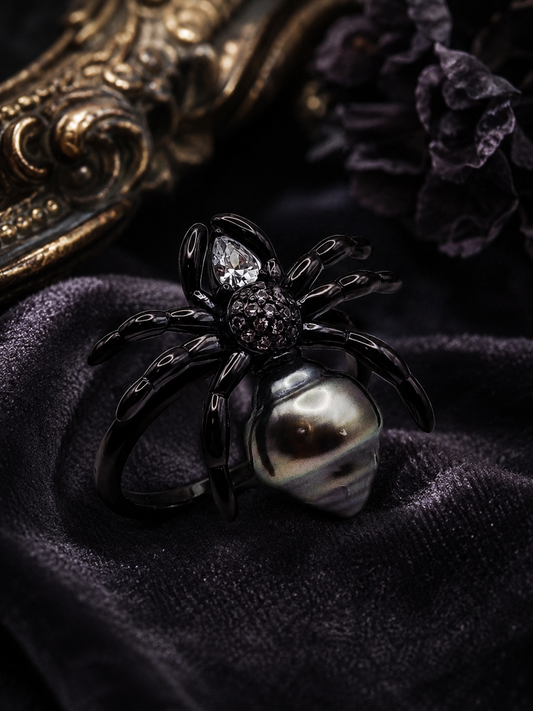 Black Tahitian Gothic Spider Pearl Ring - Sterling Silver