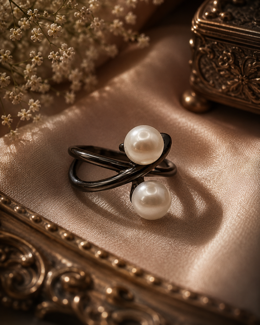 Double Pearl Atom Adjustable Ring - Sterling Silver