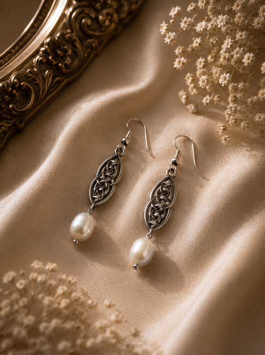 Celtic Knot Pearl Drop Earrings - S925 Hook