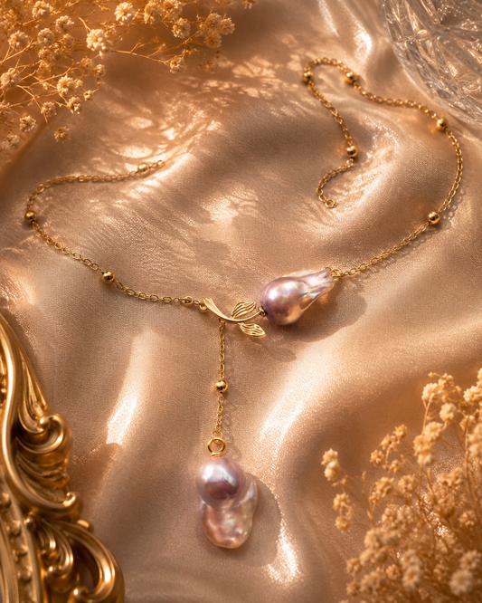 Golden Double King Pearl Flower Drop Necklace