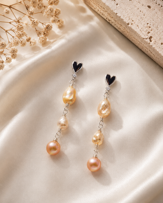 Multiple Pearl Heart Drop Stud Earrings