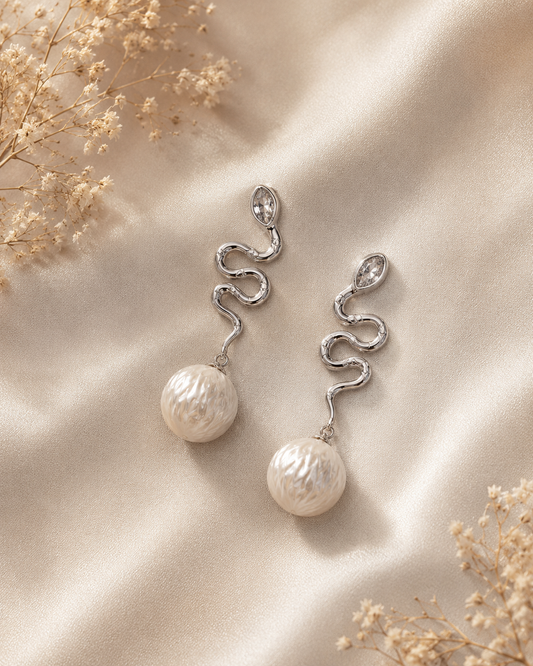 Large Pearl Snake Drop Earrings - Sterling Silver