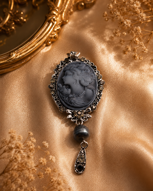 Vintage Pearl Cameo Brooch with Black Tahitian Pearl