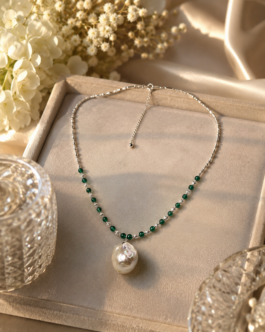 Jade & Stirling Silver Necklace with Baroque Pearl