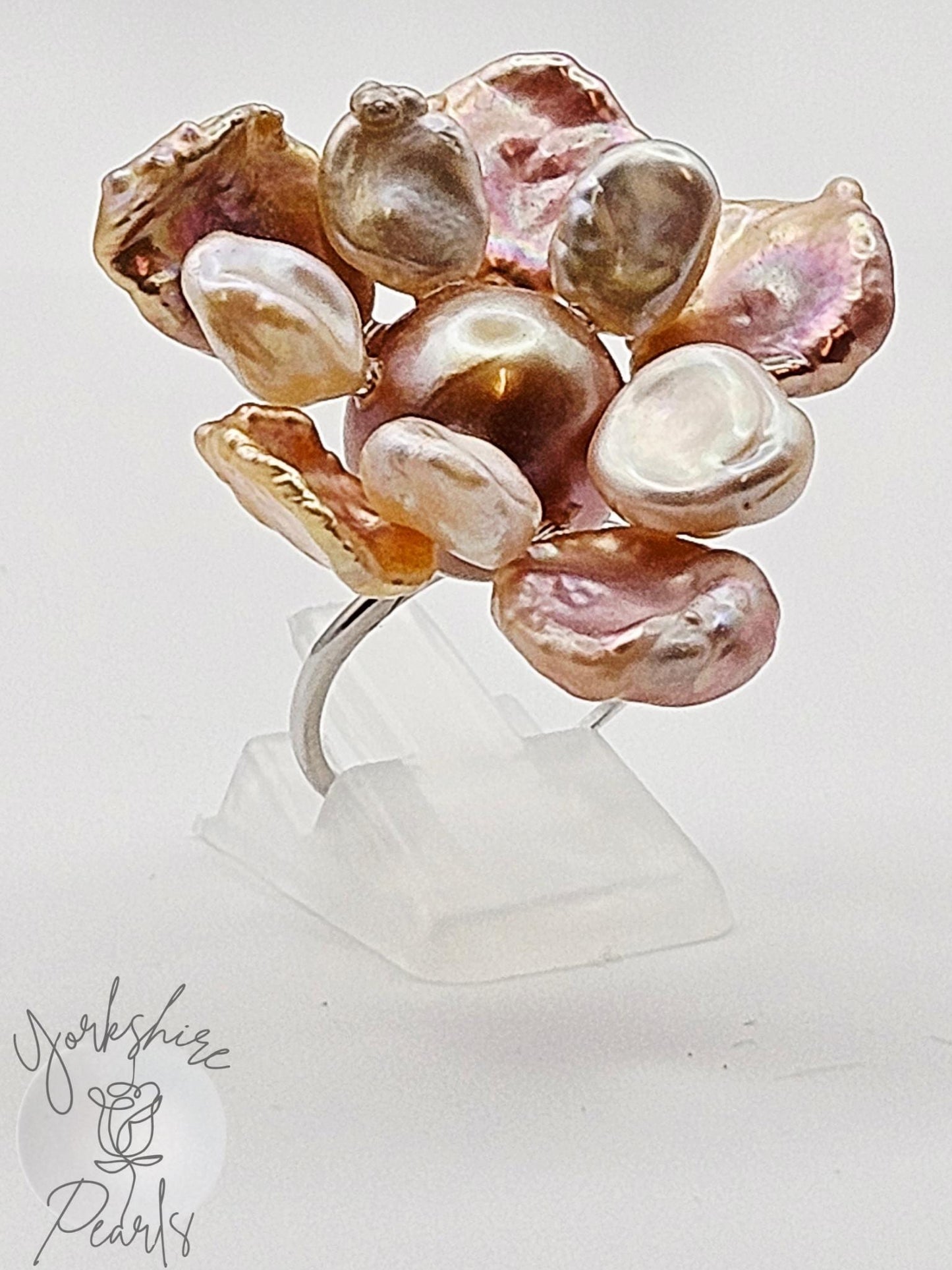 Multi Pearl Unique Flower Ring - Sterling Silver