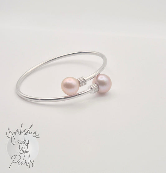 Double Edison Pearl Adjustable Sterling Silver Bangle