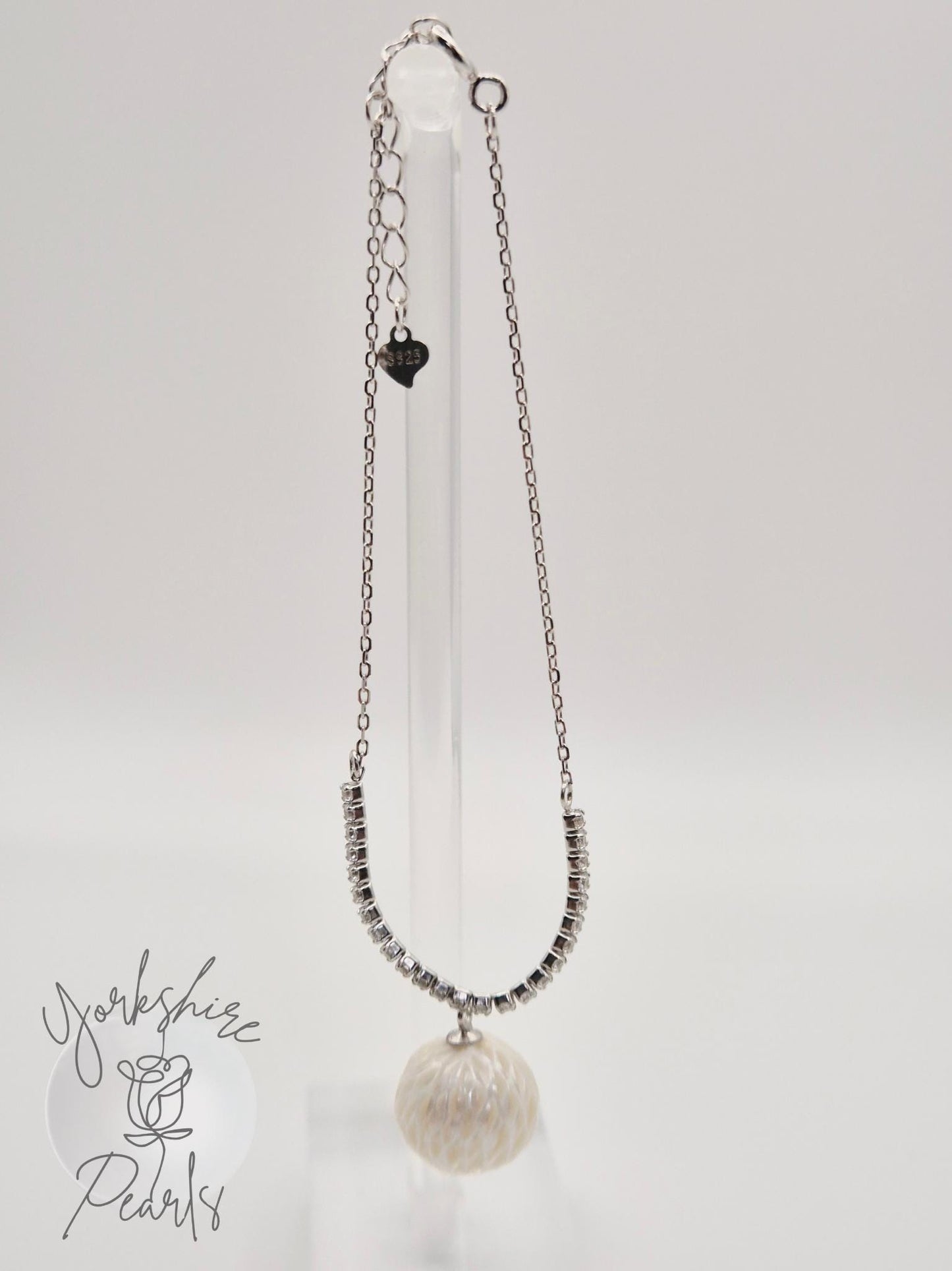 Carved Edison Pearl Silver Bracelet With CZ Stones