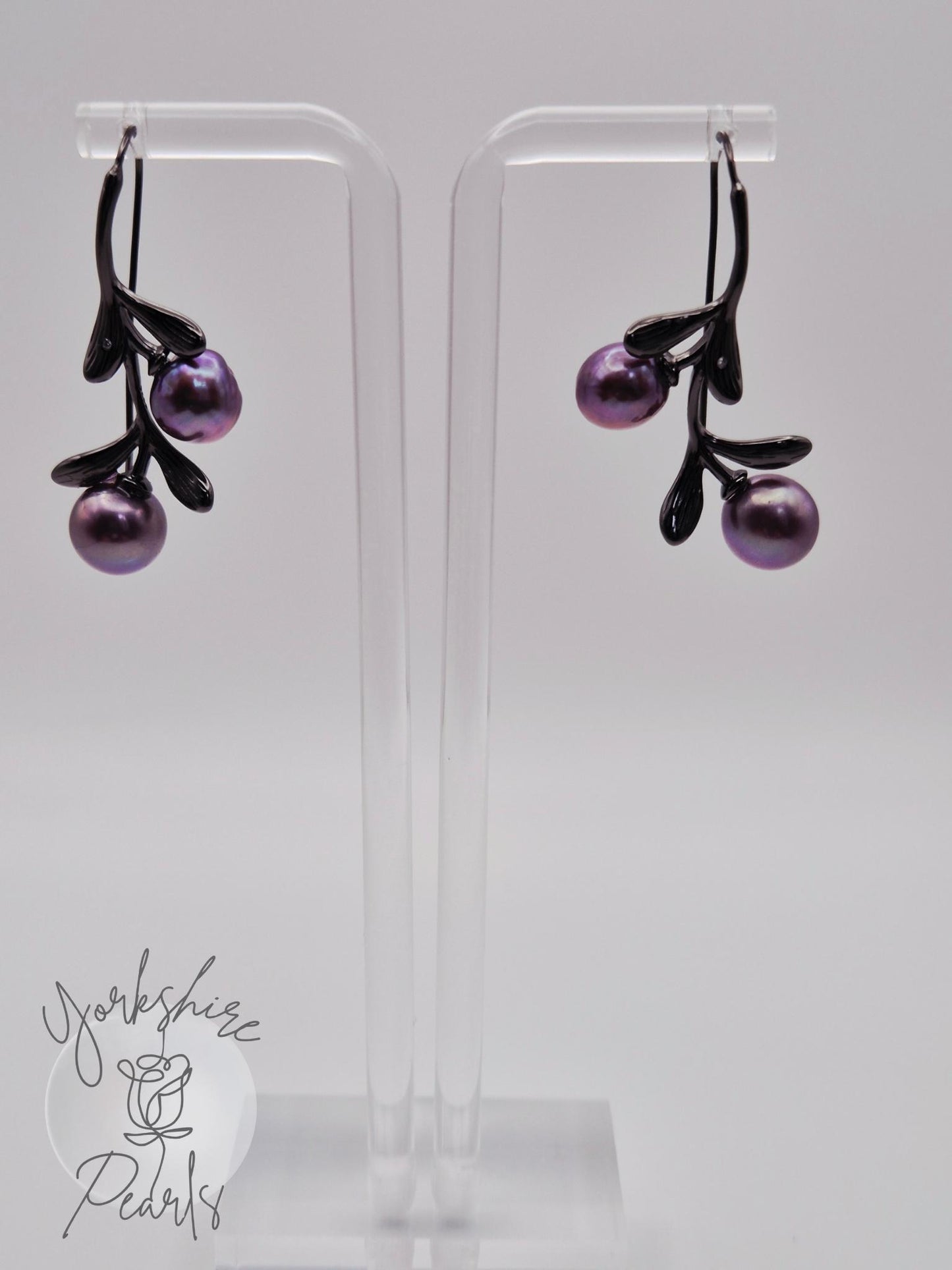 Double Pearl Flower Stem Design Black Earrings - Sterling Silver