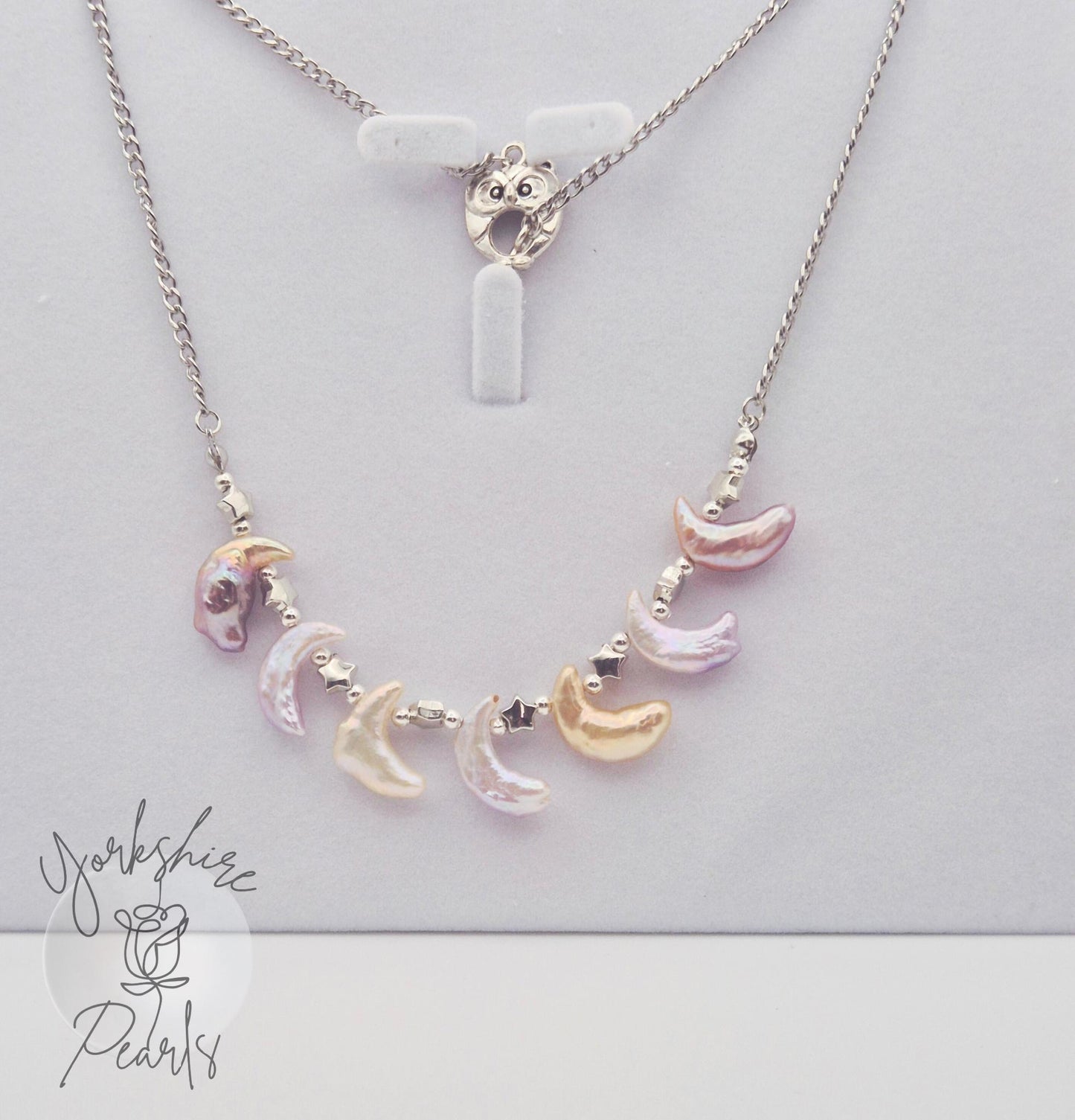 Multiple Moon Pearl Necklace with Owl Toggle