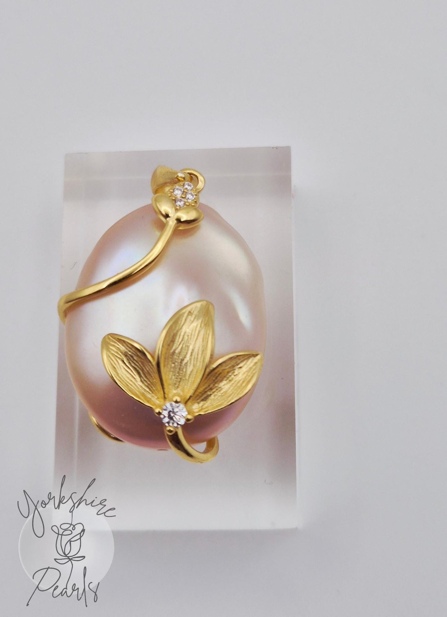 Large UFO Pearl Golden Flower Wrapped Pendant - Sterling Silver
