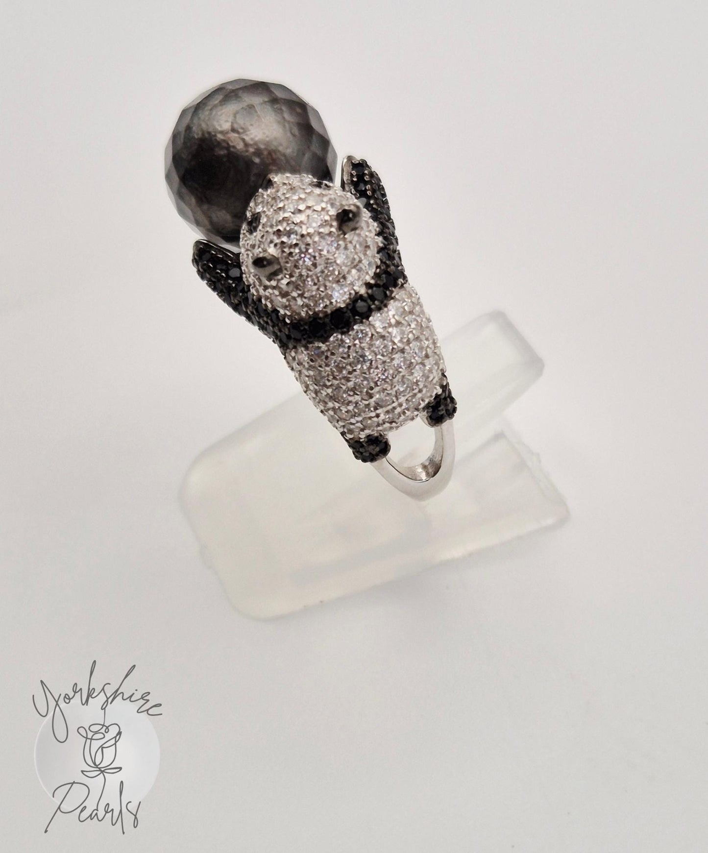 Hugging Panda Black Tahitian Ring - Sterling Silver