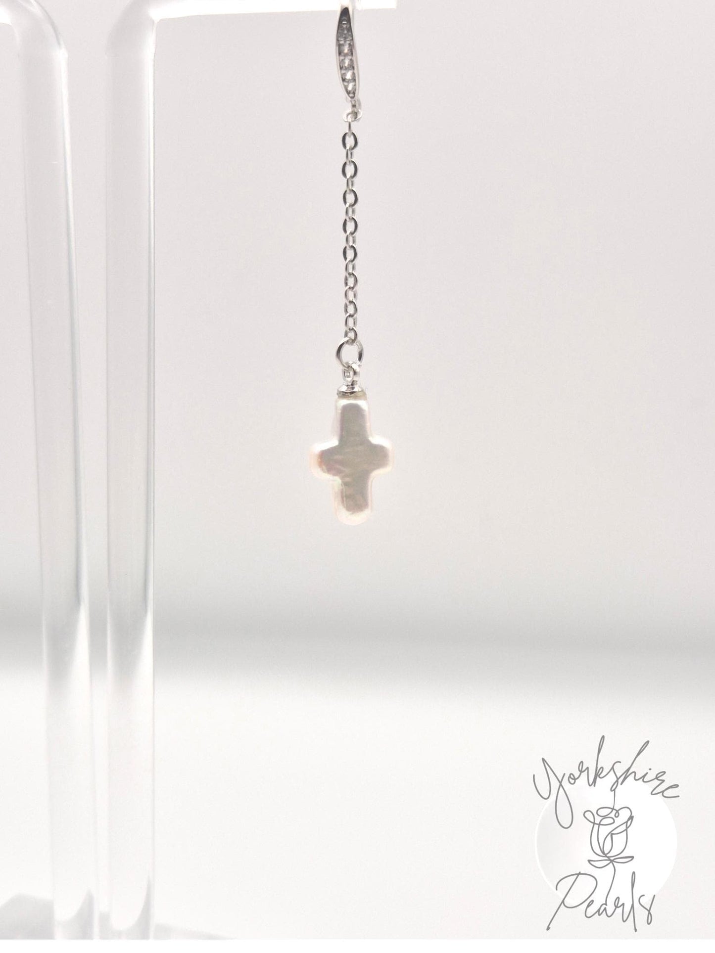 Mini Cross Pearl Drop Sterling Silver Earrings