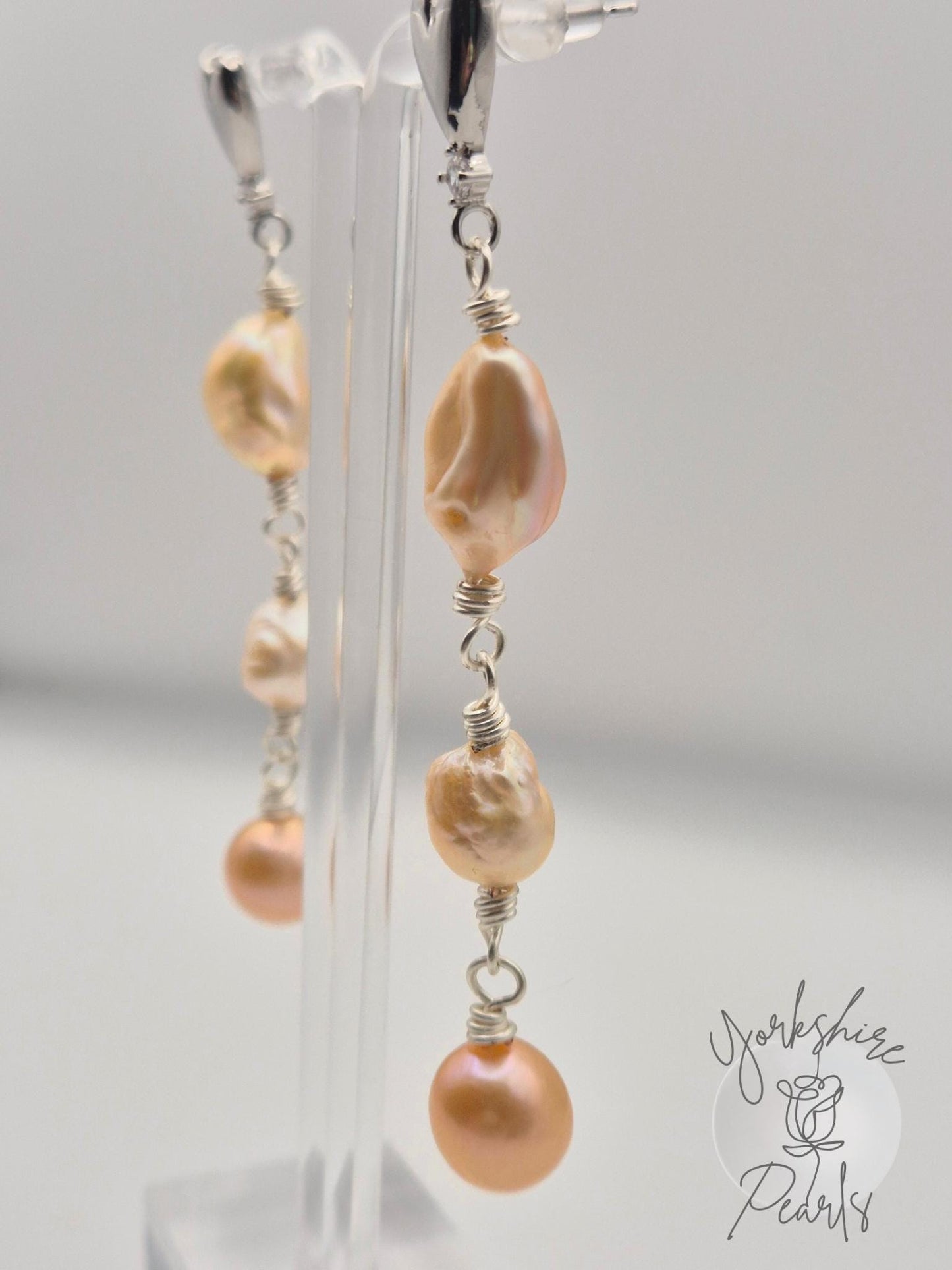 Multiple Pearl Heart Drop Stud Earrings